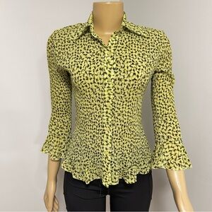 Y2K Vintage Women's Green/Yellow Abstract Modern Patterned Slinky‎ Blouse Small